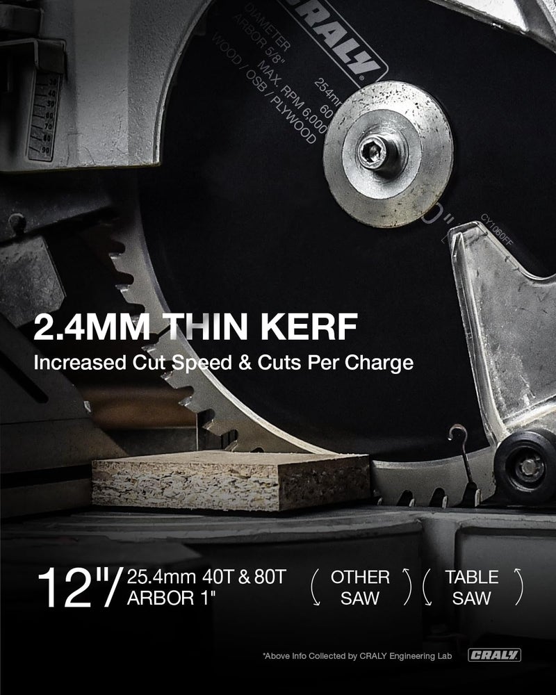 CRALY 12 Inch 40&80 Teeth General Purpose/Fine Finish Wood Cutting Circular Saw Blade, 1 Inch Arbor, for Table Saw & Miter Saw, Carbide Tipped, Thin Kerf, for Cutting Plywood, MDF, OSB, Laminated - Image 2